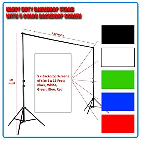 Digiphoto Professional Grade Backdrop Light Stand of 14Feet Height with 5 Colour Screen : Black, White, Red, Green, Blue (8x12F)